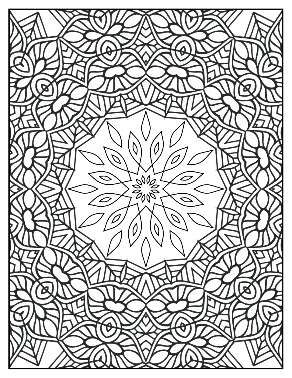 Mandala coloring sheet 1: a small flower center surrounded by pointed leaves and interlocking curved motifs