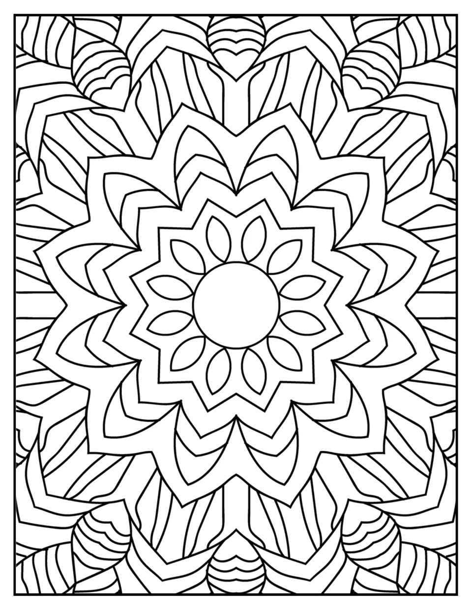 Mandala coloring sheet 2: a circular flower center surrounded by pointed petal layers and striped leaves