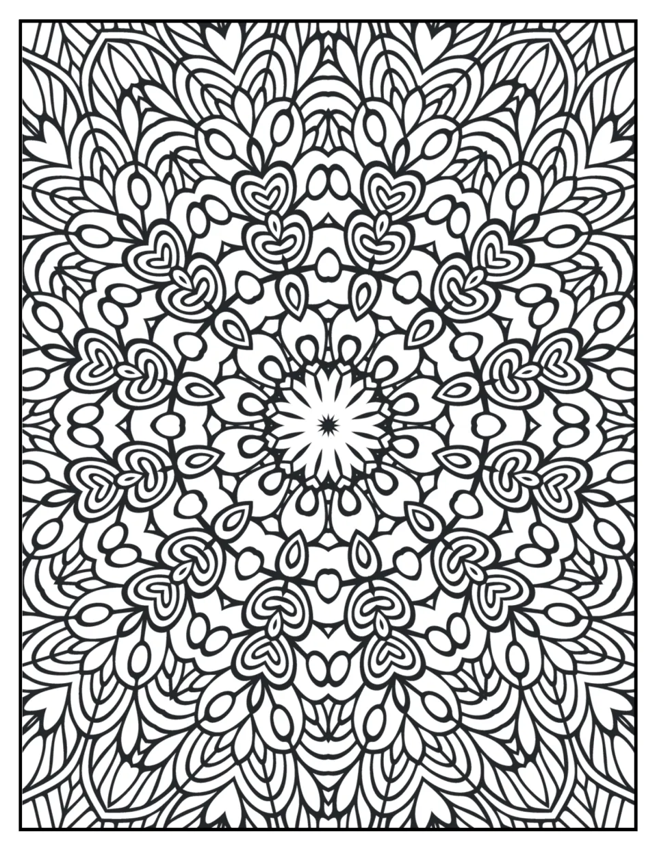 Mandala coloring sheet 3: a flower center surrounded by teardrops, nested hearts, and featherlike shapes
