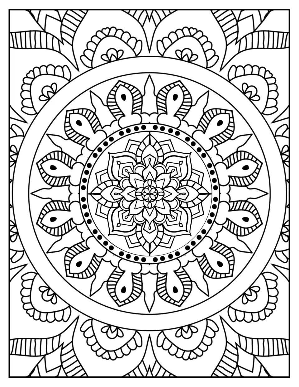 Mandala coloring sheet 4: a layered flower center, a dotted ring, and repeating striped teardrop motifs