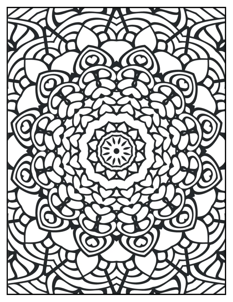Mandala coloring sheet 5: a small sunburst center surrounded by hearts, curled motifs, and broad petals