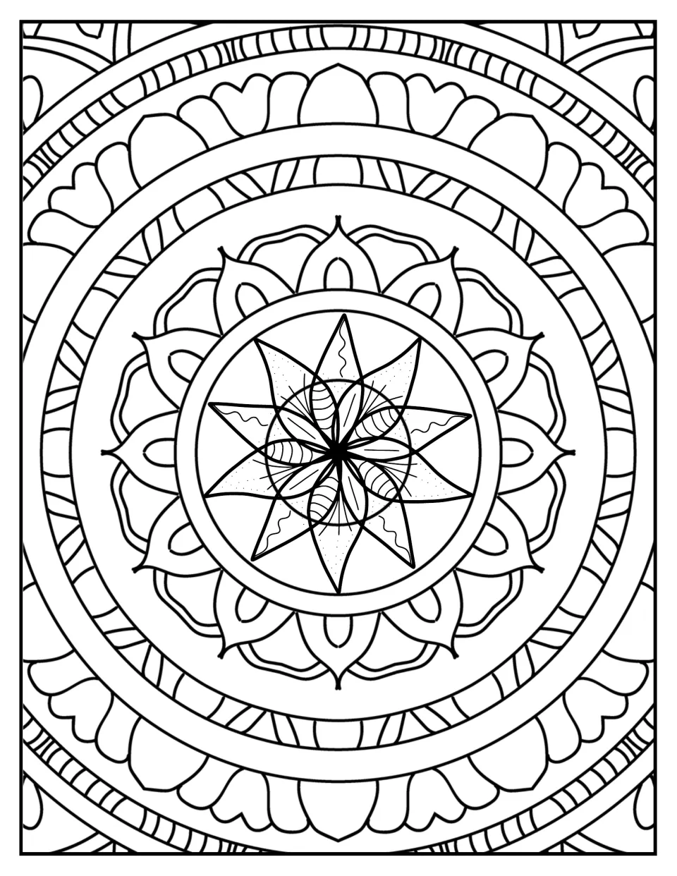 Mandala coloring sheet 6: an overlapping pointed star center surrounded by petal rings and curved bands