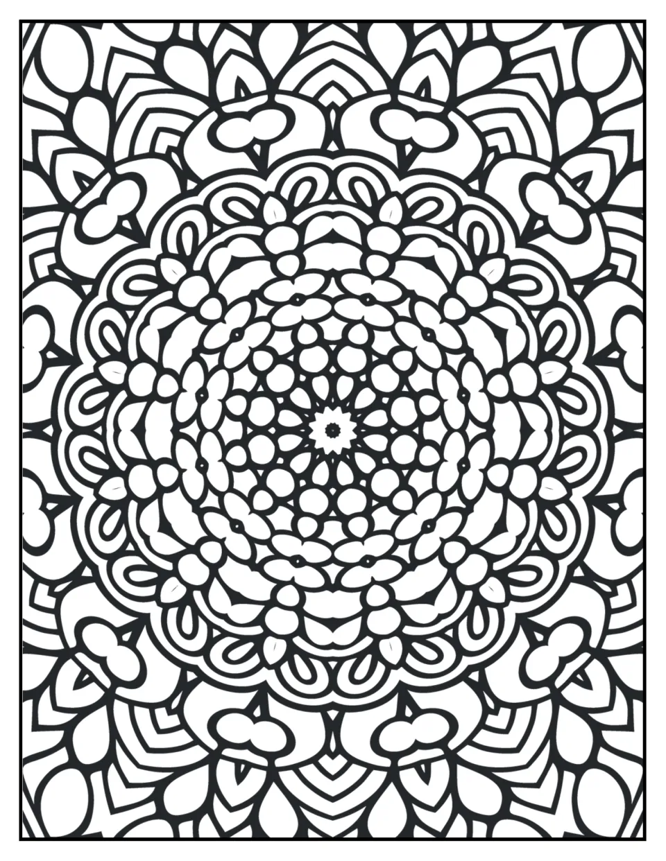 Mandala coloring sheet 7: a tiny flower center surrounded by teardrops, rounded petals, and looping shapes
