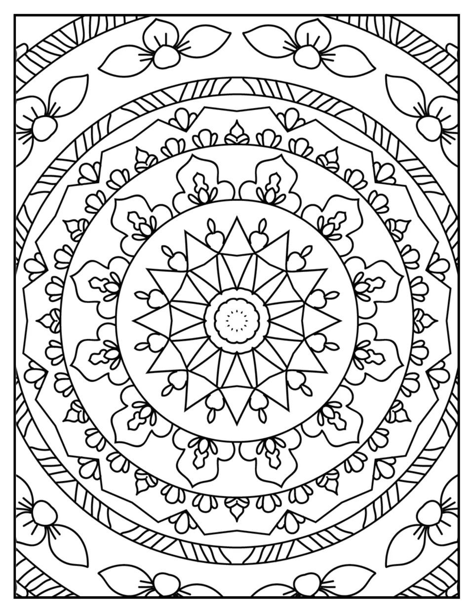 Mandala coloring sheet 8: a pointed star around a scalloped center, surrounded by buds and floral motifs