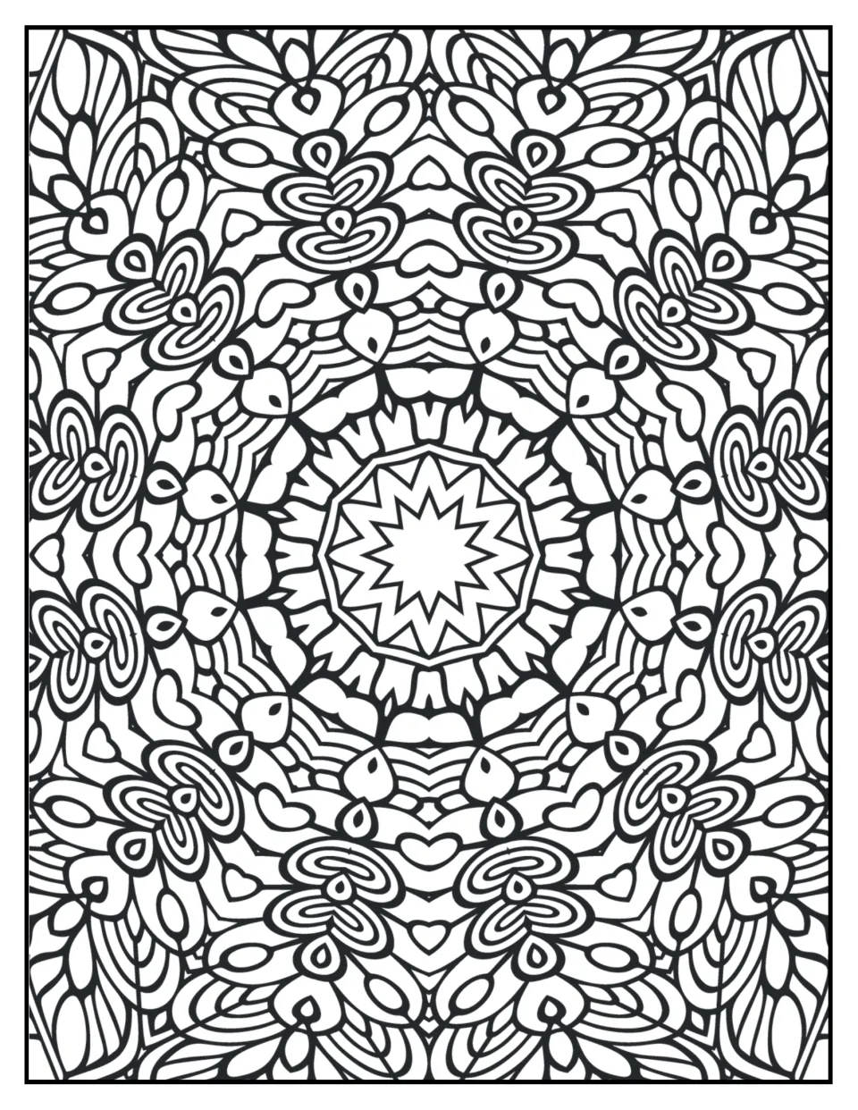 Mandala coloring sheet 9: a nested starburst center surrounded by scallops, hearts, and curled leaf shapes
