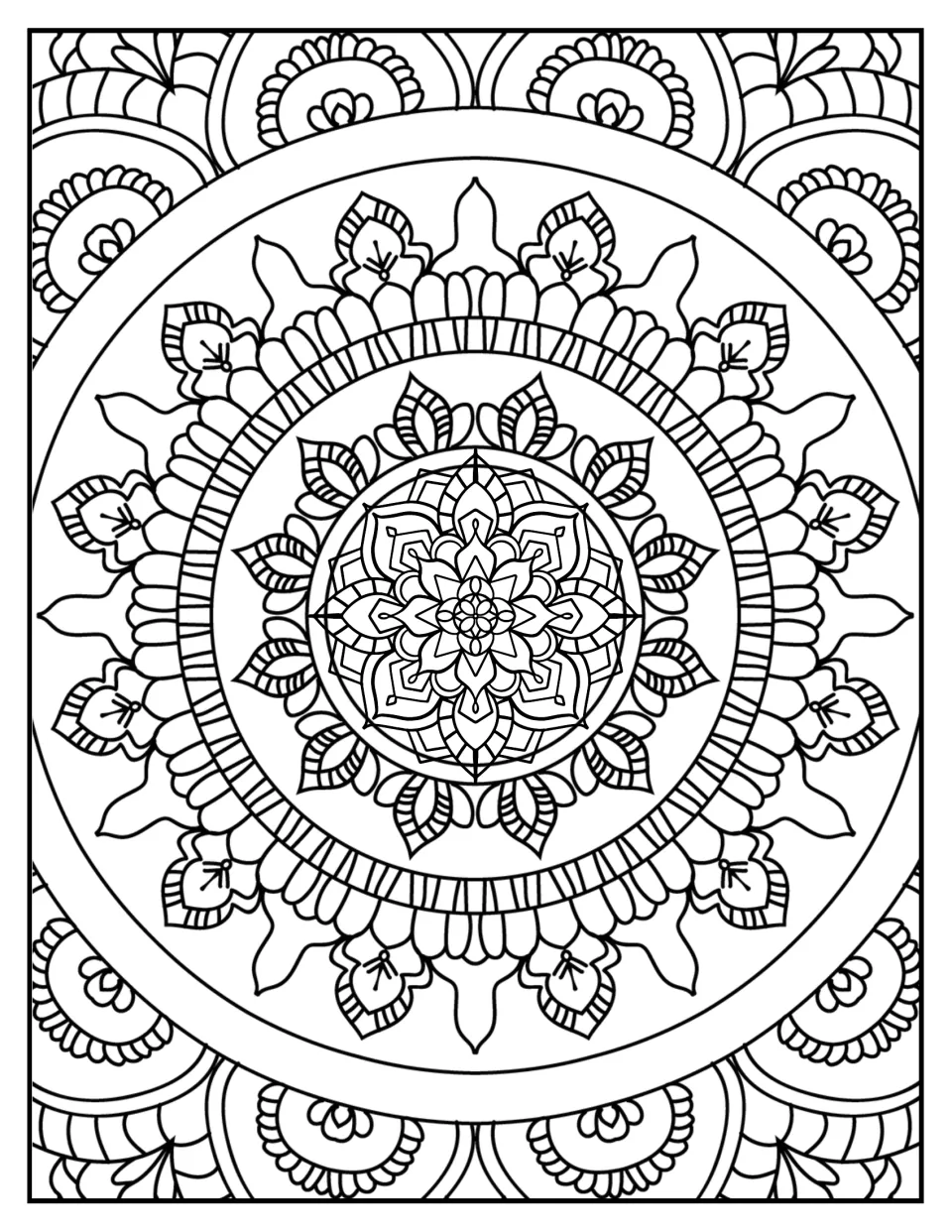 Mandala coloring sheet 10: a layered floral center surrounded by veined leaves, rounded petals, and buds