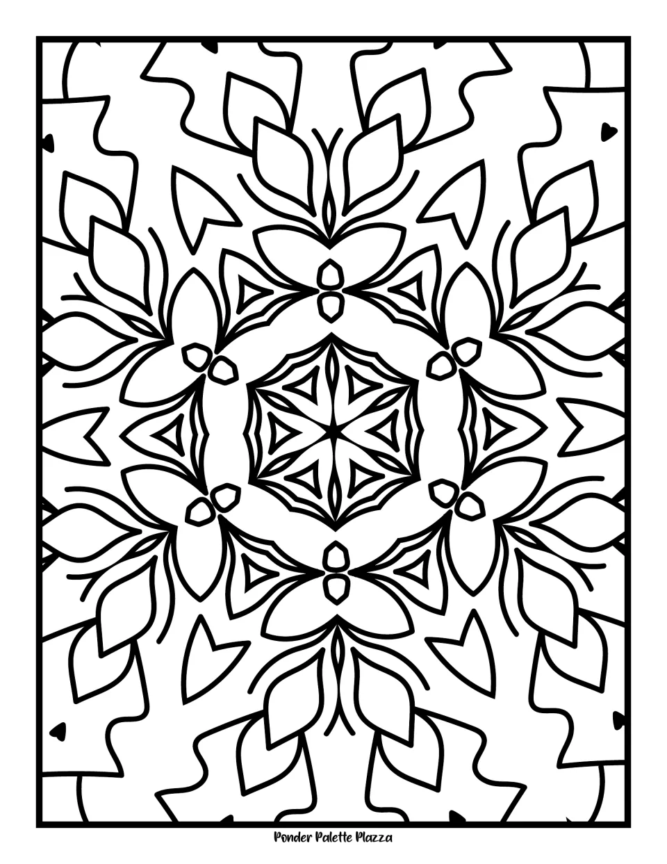Flower and leaf mandala: students colour six petal clusters, small corner hearts and a six-point star at the centre