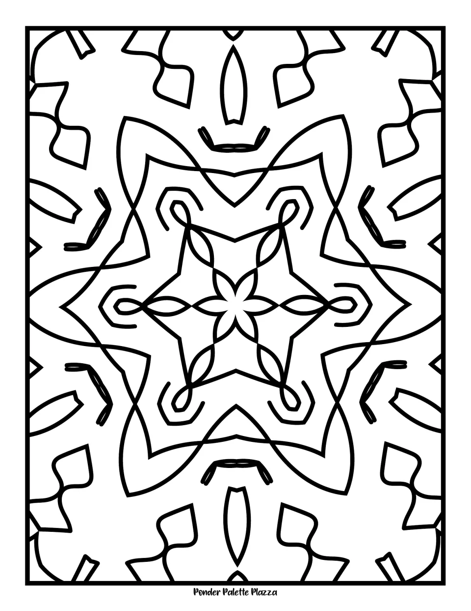 Looping star mandala: students colour interlaced ribbon loops around a small flower, framed by wavy outer shapes