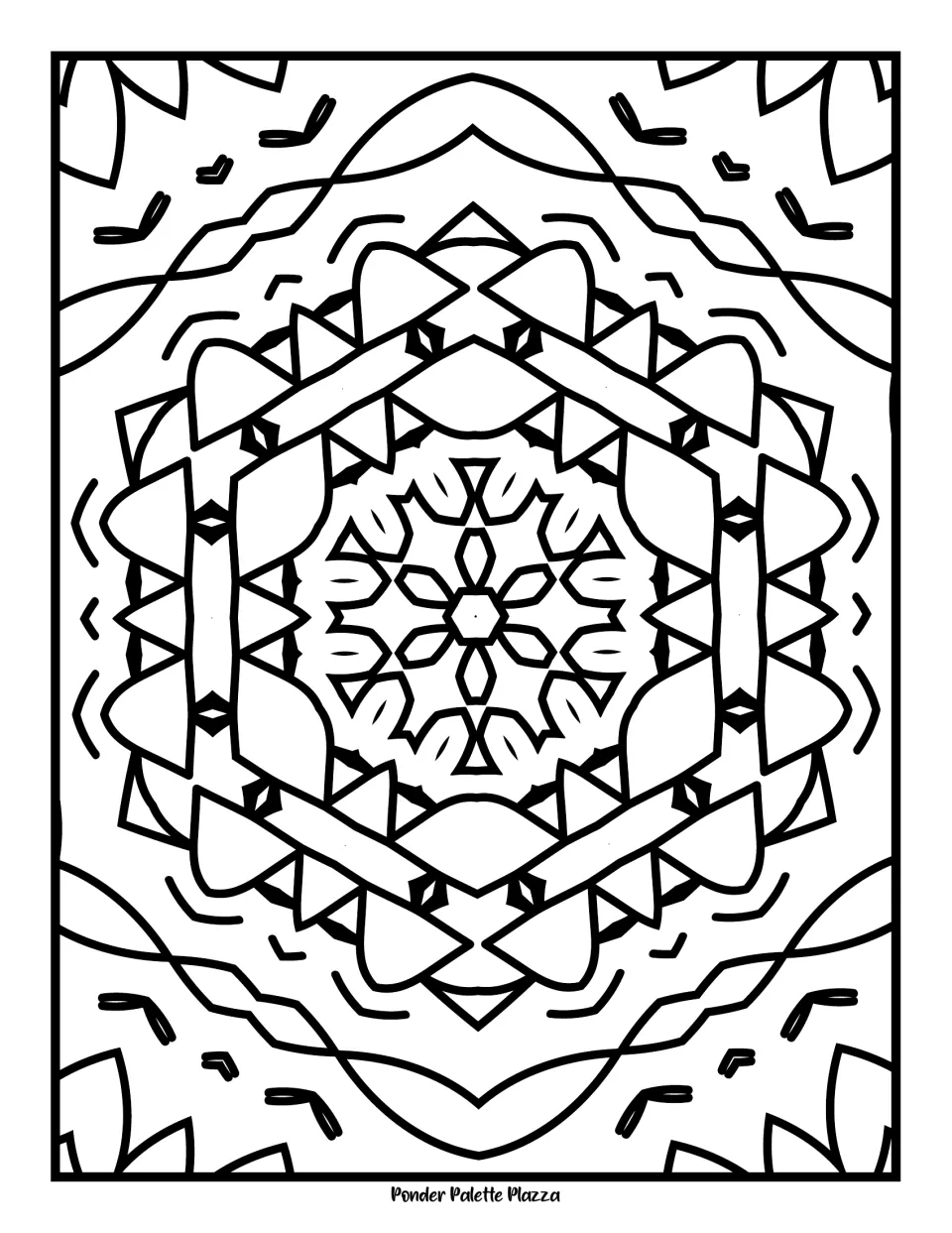 Hexagon mandala: students colour layered rings of triangles and petals around a central six-point flower and curved bands