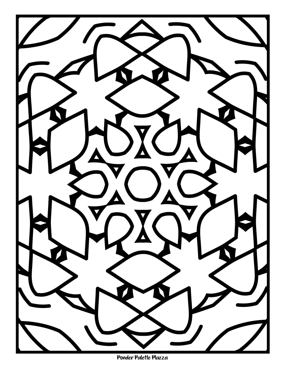 Snowflake-style mandala: students colour crossed bow shapes, teardrops and small triangles around an oval centre