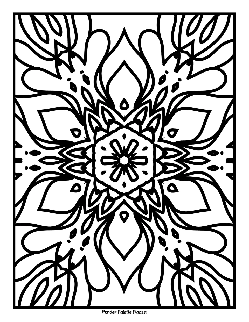 Large-petal mandala: students colour flame-shaped petals, teardrop accents and a hexagon centre with spokes