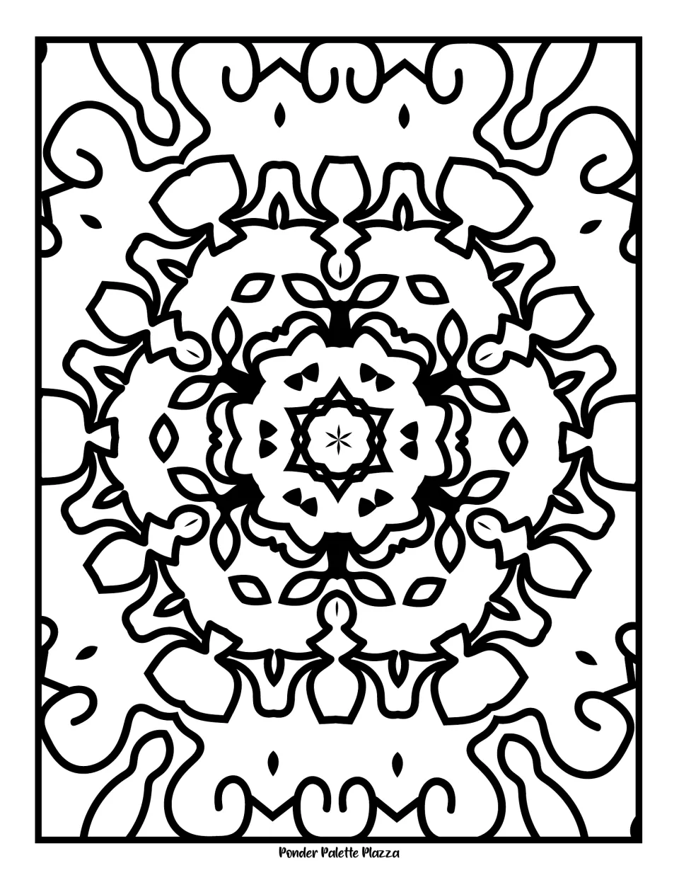 Scalloped mandala: students colour rings of leaves, curly edge swirls and a six-point star holding a tiny flower