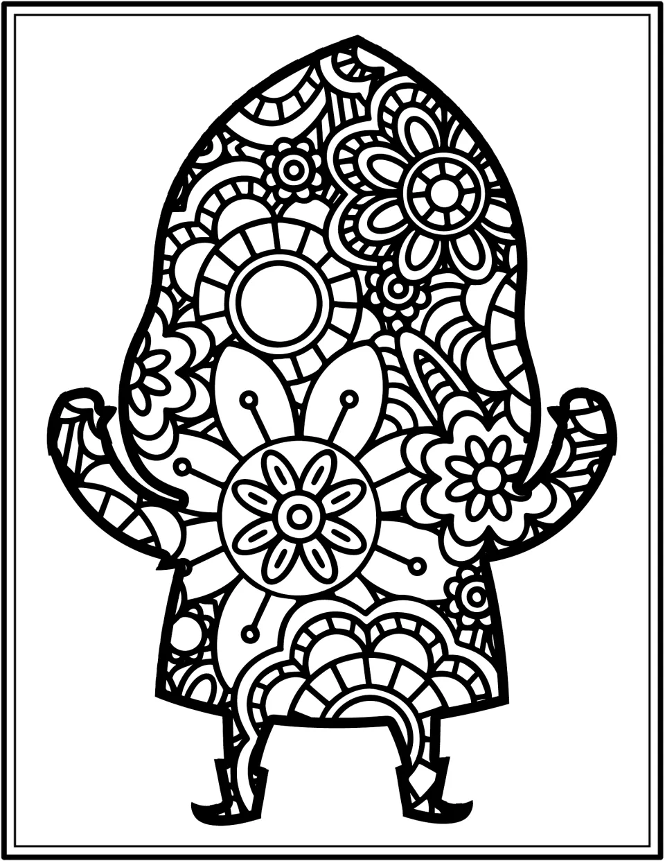 Gnome coloring book page featuring a floral-patterned gnome with both arms raised and pointed boots