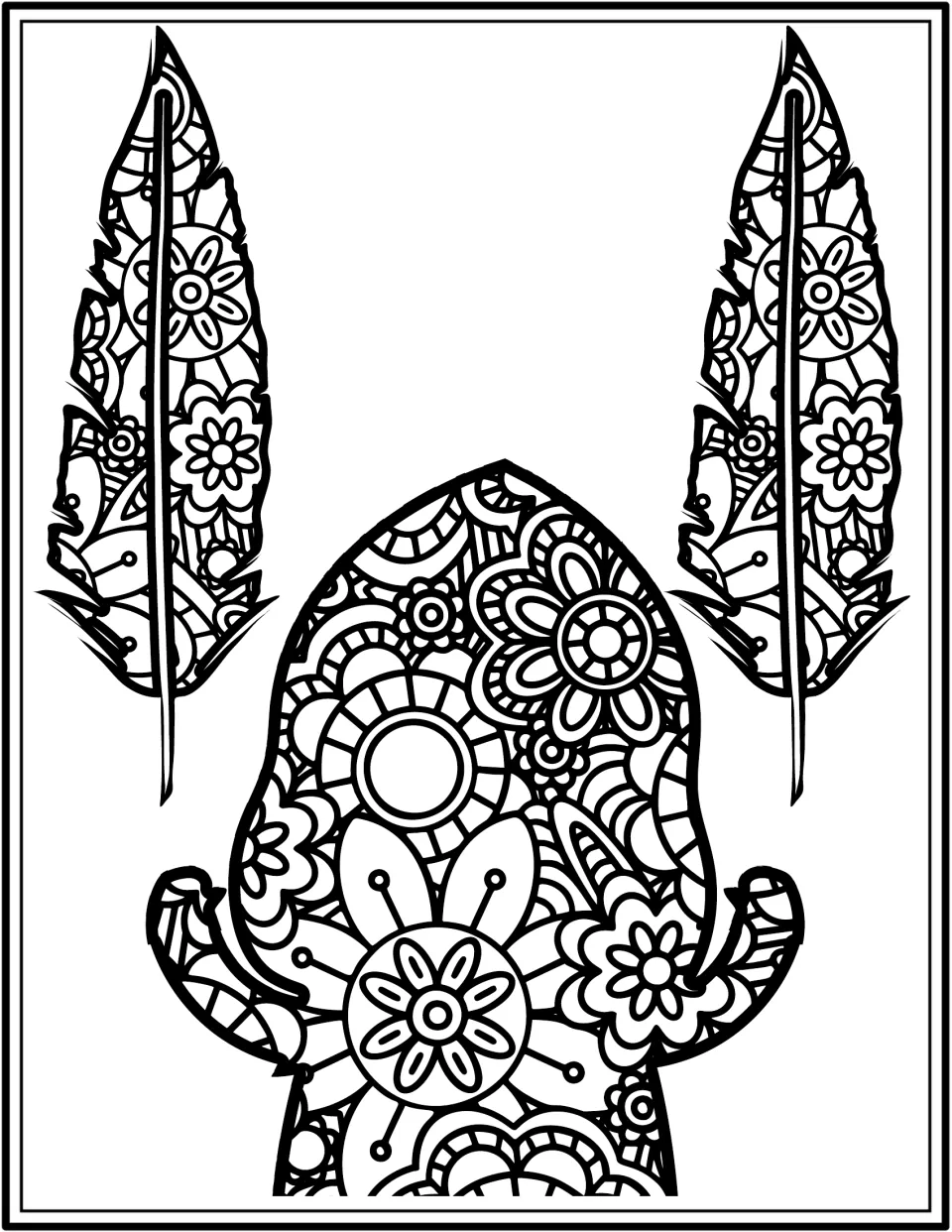 Gnome coloring book page featuring a raised-arm gnome beneath two tall feathers, all filled with floral patterns