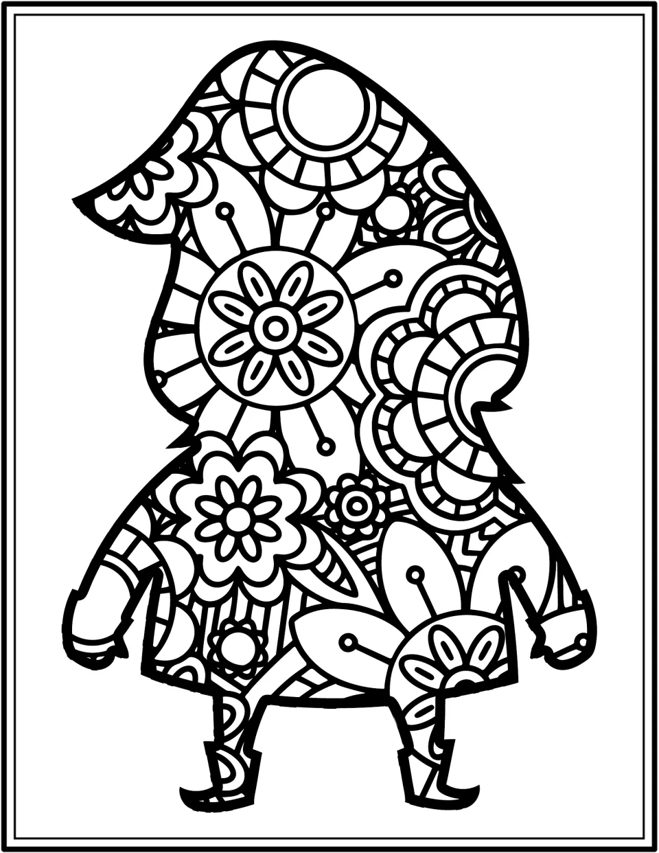 Gnome coloring book page featuring a floral-patterned gnome with a hat bent left, lowered arms, and boots