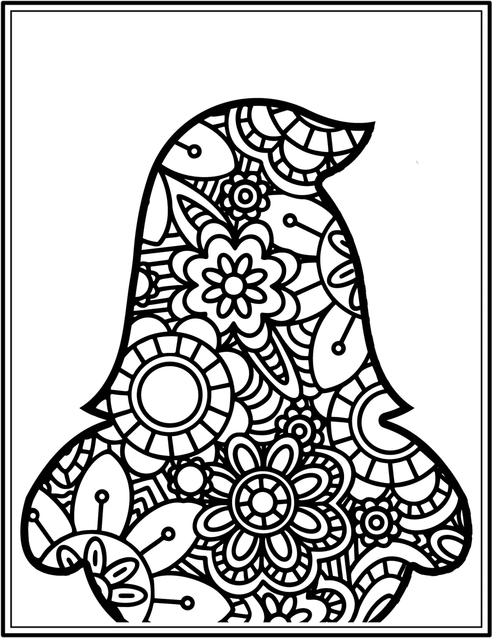 Gnome coloring book page featuring a close-up gnome with a hat bent right and large floral mandala patterns