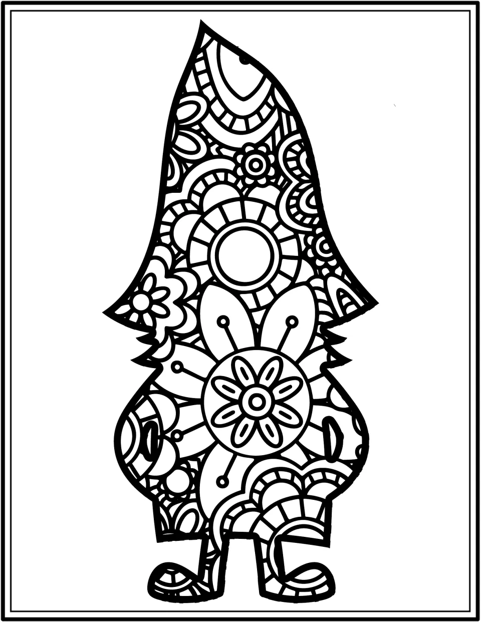 Gnome coloring book page featuring a tall pointed-hat gnome with hands at its sides and floral patterns