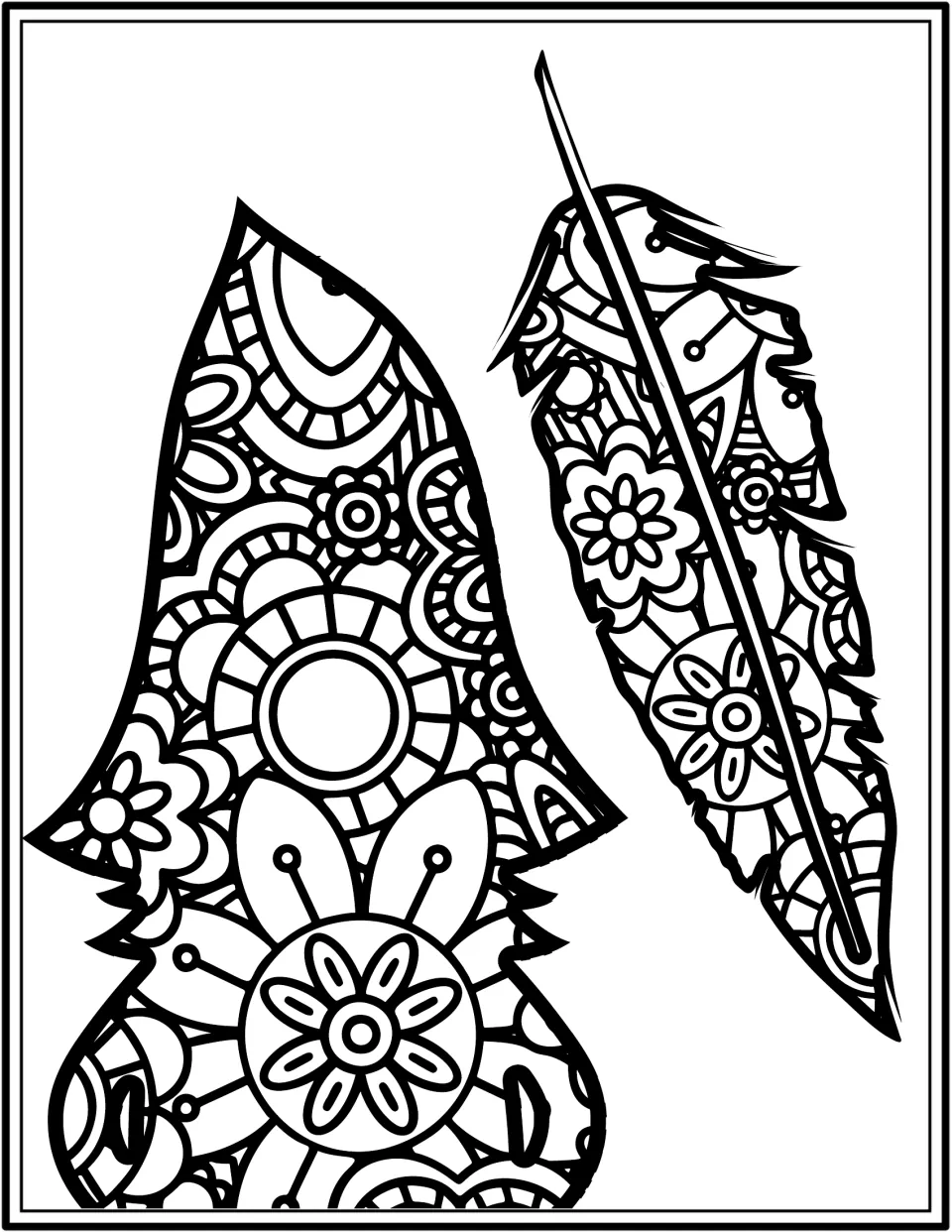 Gnome coloring book page featuring a close-up pointed-hat gnome beside one large floral-patterned feather