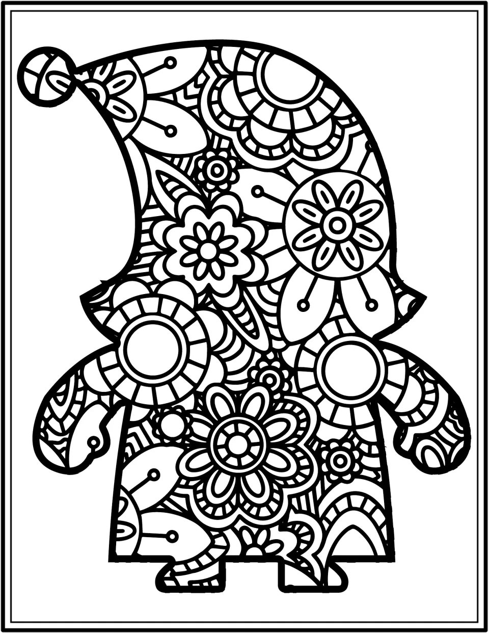 Gnome coloring book page featuring a floral-patterned gnome with lowered arms and a round-tipped hat bent left