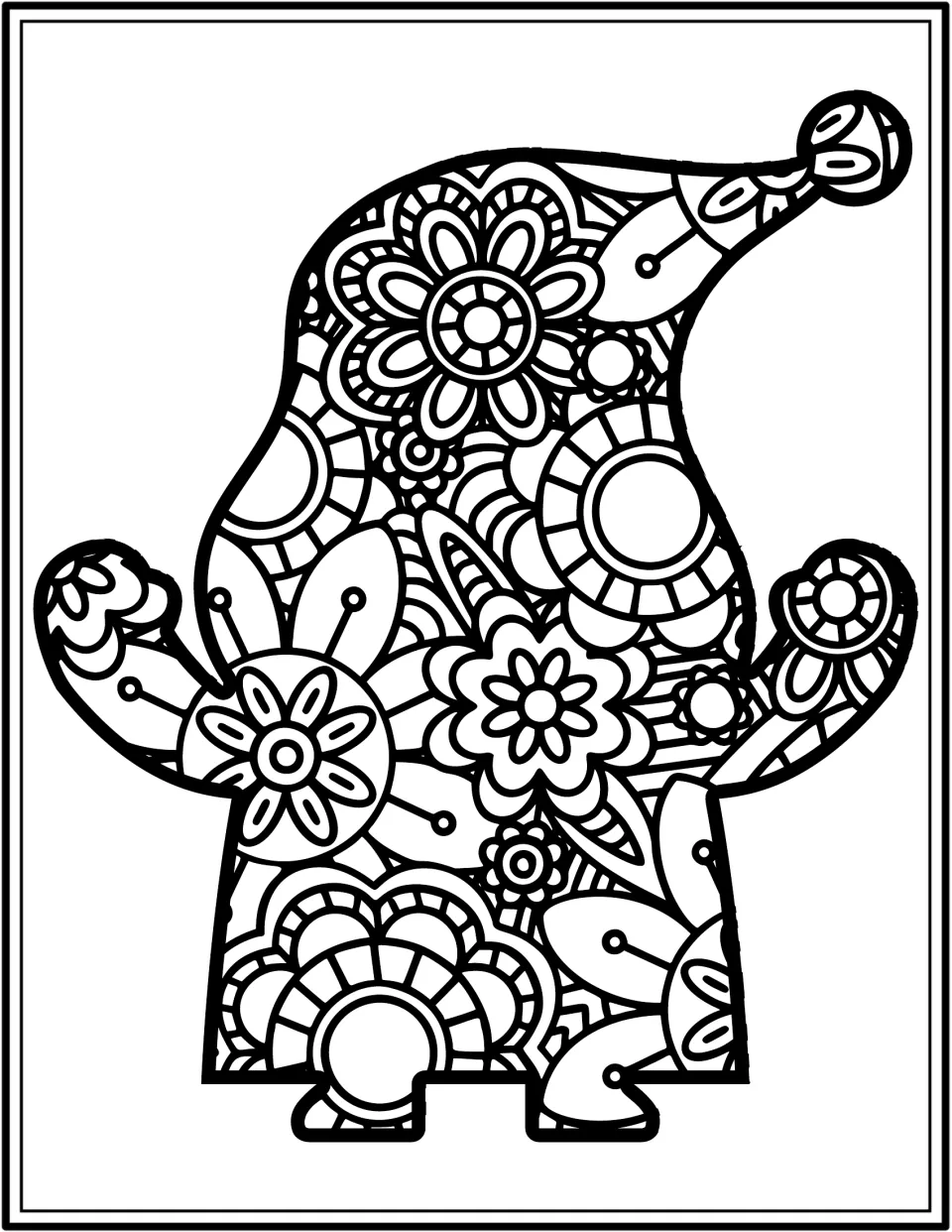 Gnome coloring book page featuring a floral-patterned gnome with raised arms and a round-tipped hat bent right