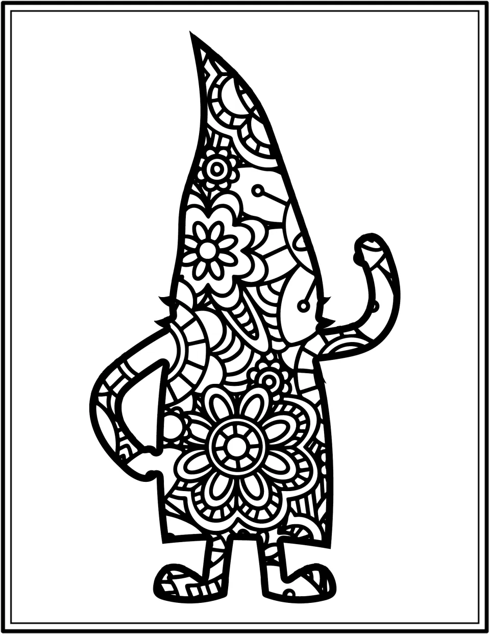Gnome coloring book page featuring a slender floral-patterned gnome with a tall pointed hat and one raised arm