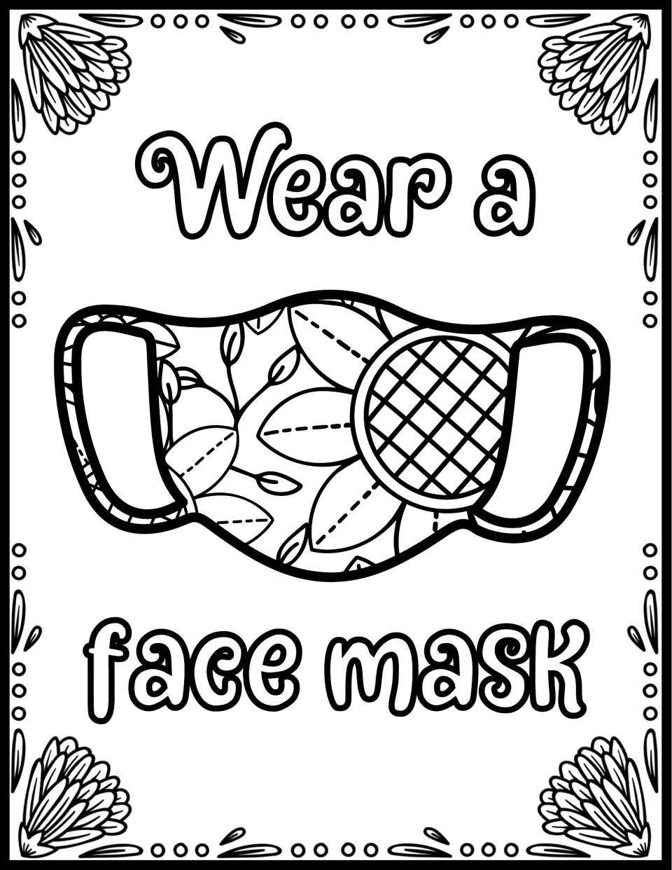 Face mask safety: students color a leaf and sunflower patterned mask under the bubble-letter words "Wear a face mask"