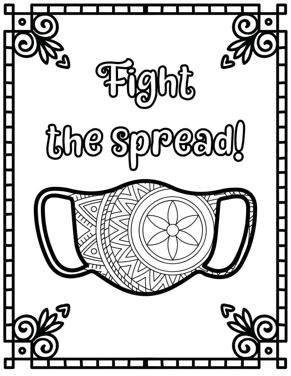 Stopping germs: students color the outlined words "Fight the spread!" and a mask filled with a flower mandala design