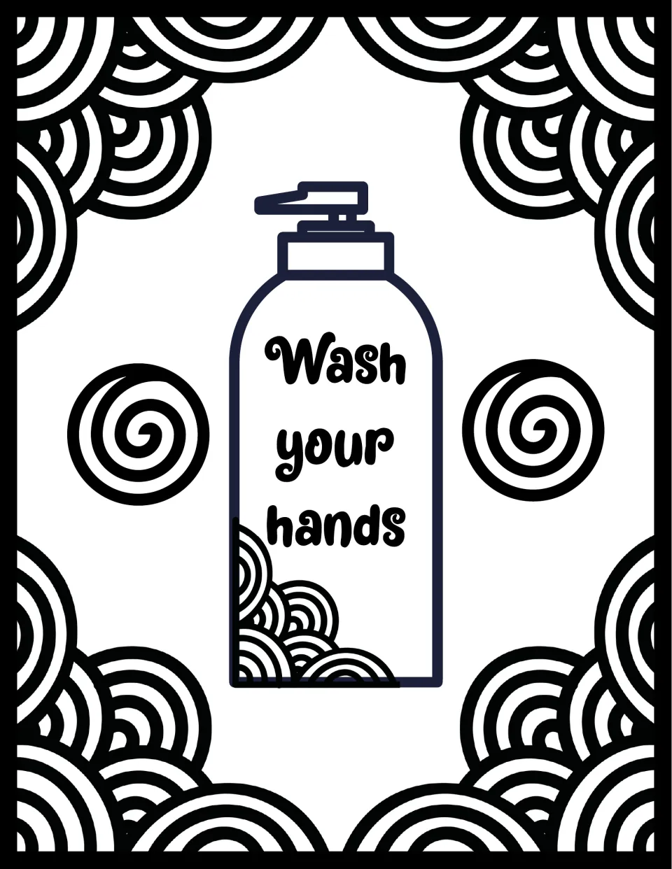 Handwashing: students color a soap pump bottle reading "Wash your hands" surrounded by swirls and arched rings