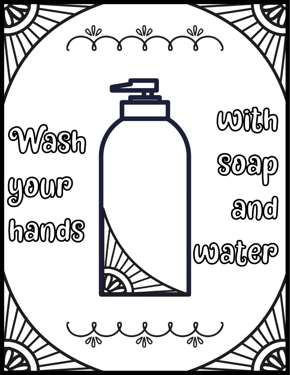 Soap and water: students color a pump bottle between the bubble words "Wash your hands" and "with soap and water"