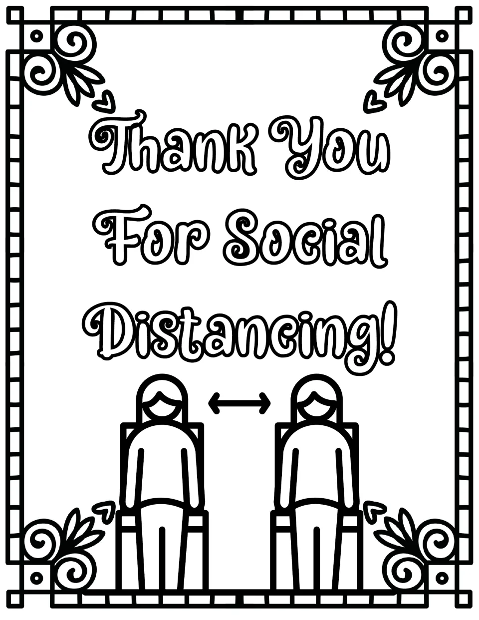 Social distancing thanks: students color "Thank You For Social Distancing!" above two people with an arrow between them