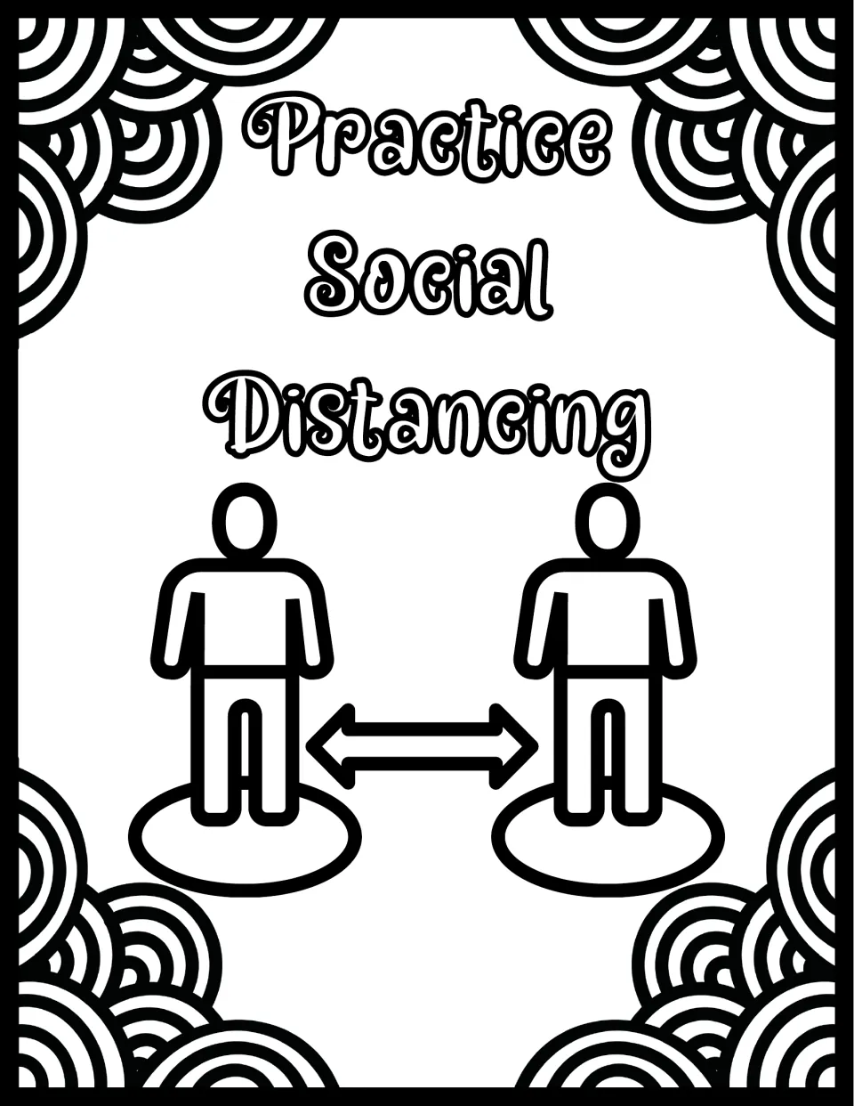 Keeping apart: students color "Practice Social Distancing" and two figures on spots linked by a double-headed arrow