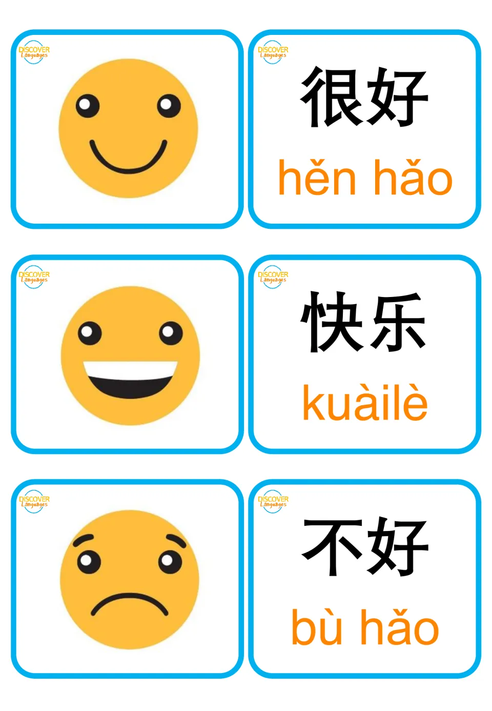 Chinese flashcard pairs for 很好 (very well), 快乐 (happy), and 不好 (not good), with face pictures and pinyin