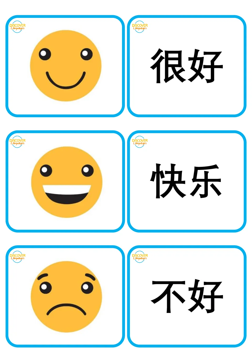Chinese flashcard pairs for 很好 (very well), 快乐 (happy), and 不好 (not good), with faces but no pinyin