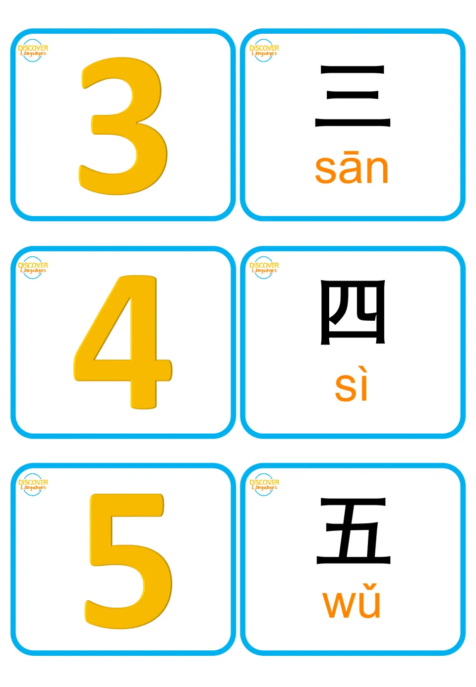 Chinese numbers 3 to 5: numeral cards 3, 4, 5 pair with character cards 三 sān, 四 sì and 五 wǔ for number vocabulary