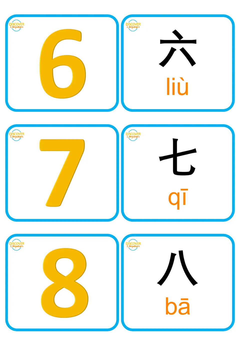 Chinese numbers 6 to 8: students pair numerals 6, 7, 8 with characters 六 liù, 七 qī and 八 bā and practise tones