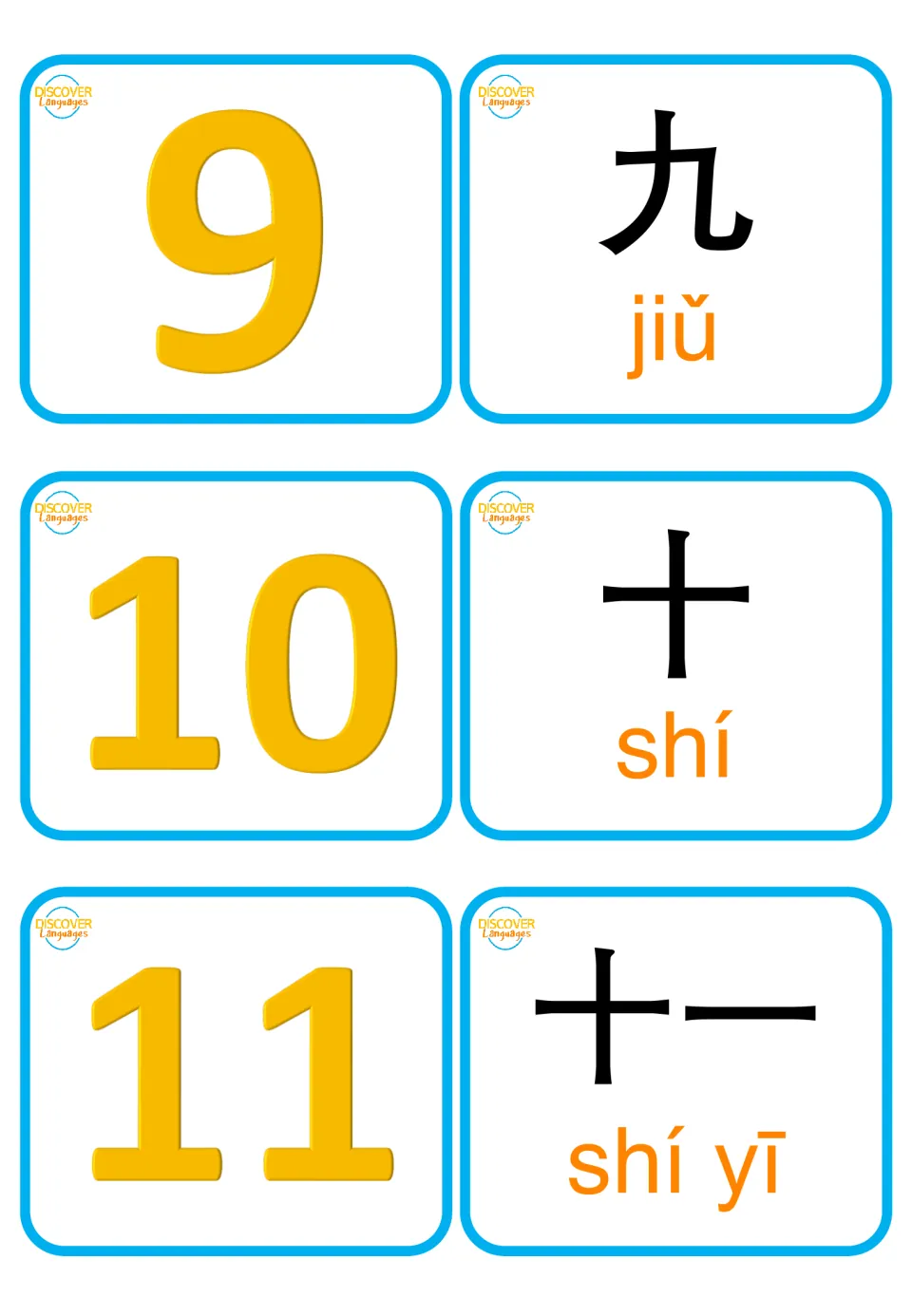 Chinese numbers 9 to 11: numeral cards 9, 10, 11 match 九 jiǔ, 十 shí and 十一 shí yī, showing how 11 builds on ten