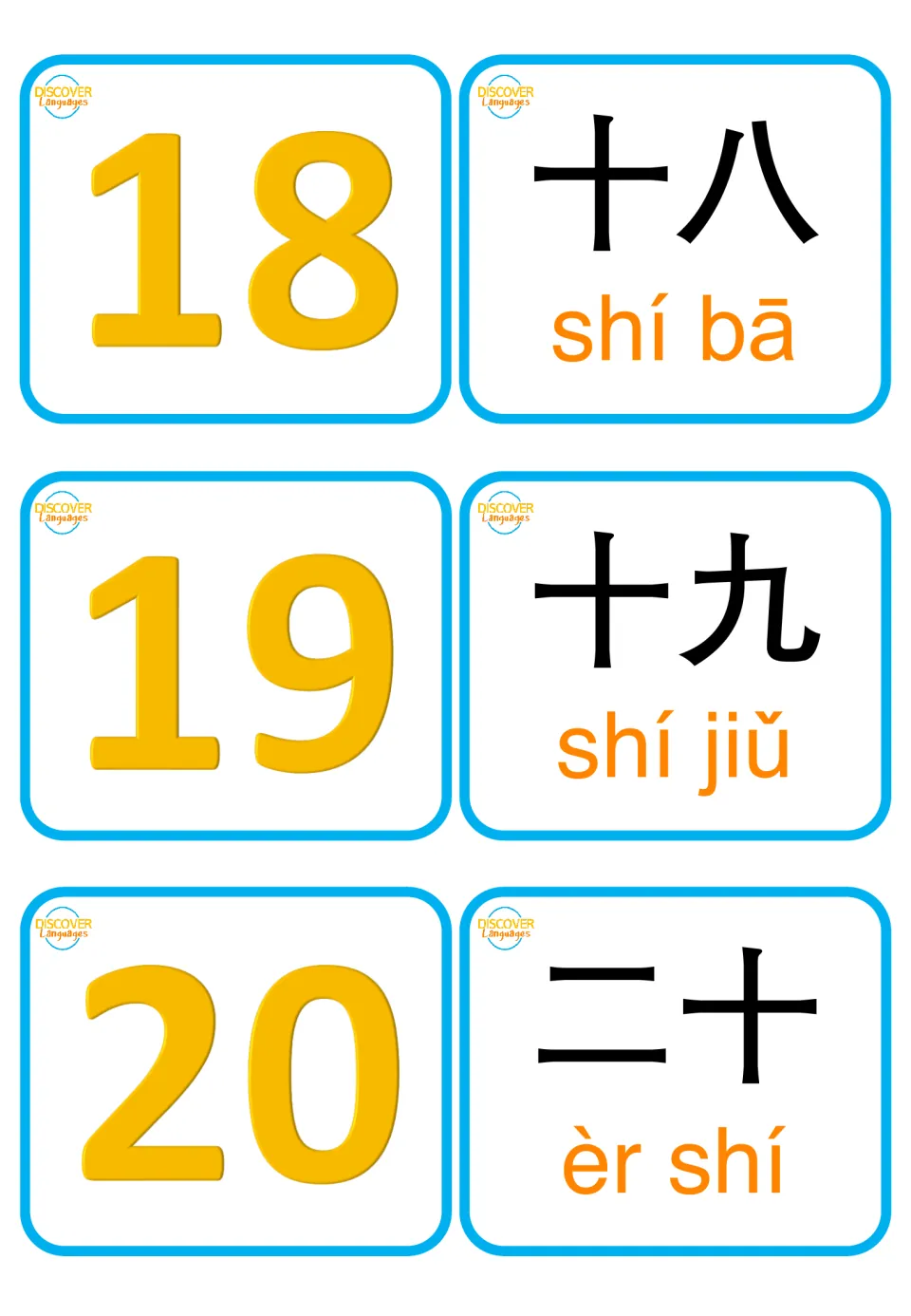 Chinese numbers 18 to 20: students match 18, 19, 20 to 十八 shí bā, 十九 shí jiǔ and 二十 èr shí with tone-marked pinyin