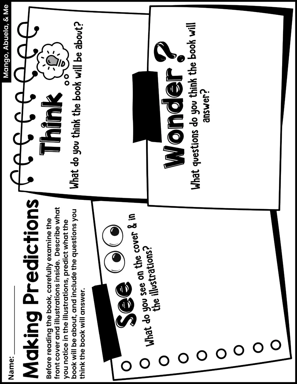 Making Predictions activity asks students what they see, think, and wonder before reading the book