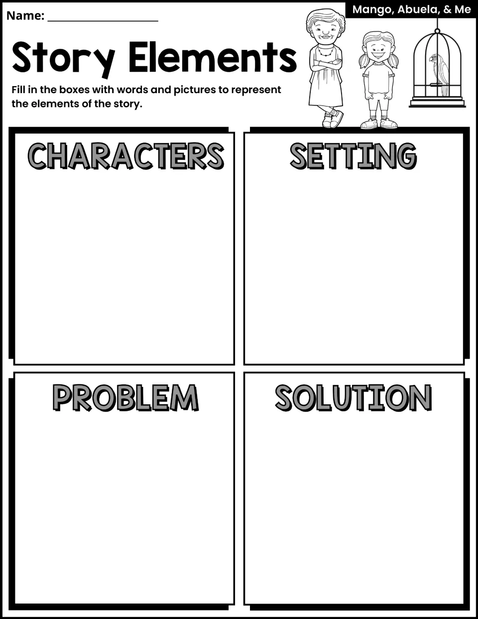 Story Elements activity asks students to represent characters, setting, problem, and solution in words and pictures