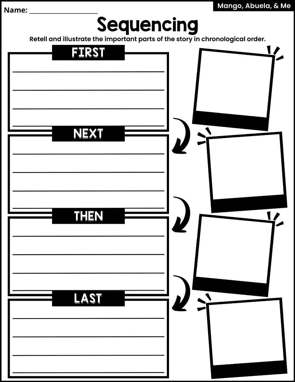 Sequencing activity asks students to retell and illustrate story events using First, Next, Then, and Last