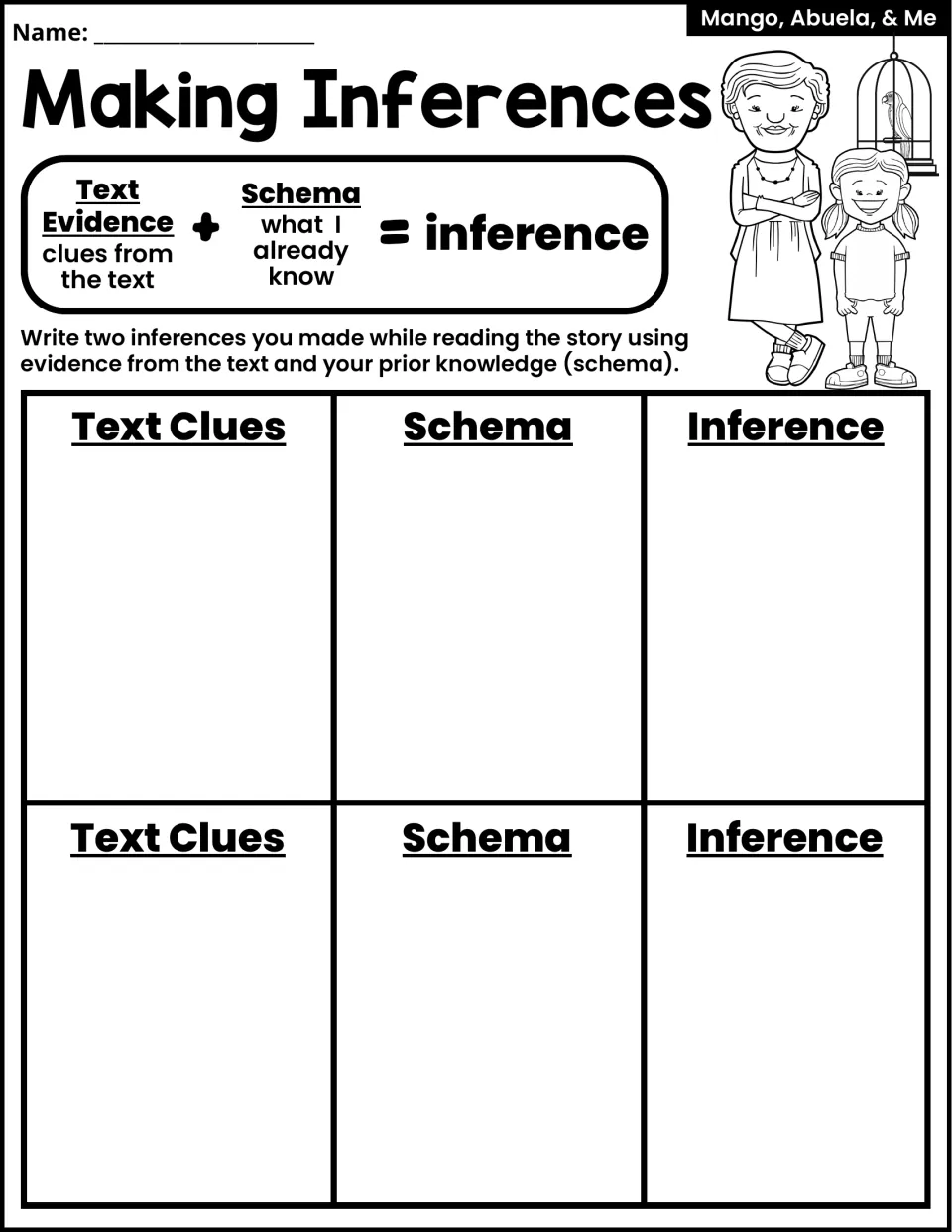 Making Inferences activity asks for two inferences supported by text clues and prior knowledge, or schema