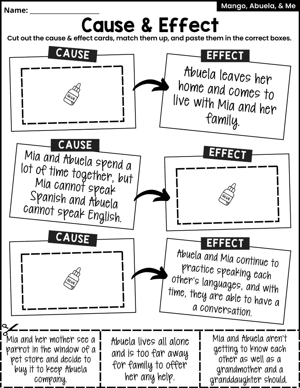 Simplified cause-and-effect activity uses three cutout cards to complete events about Mia and Abuela