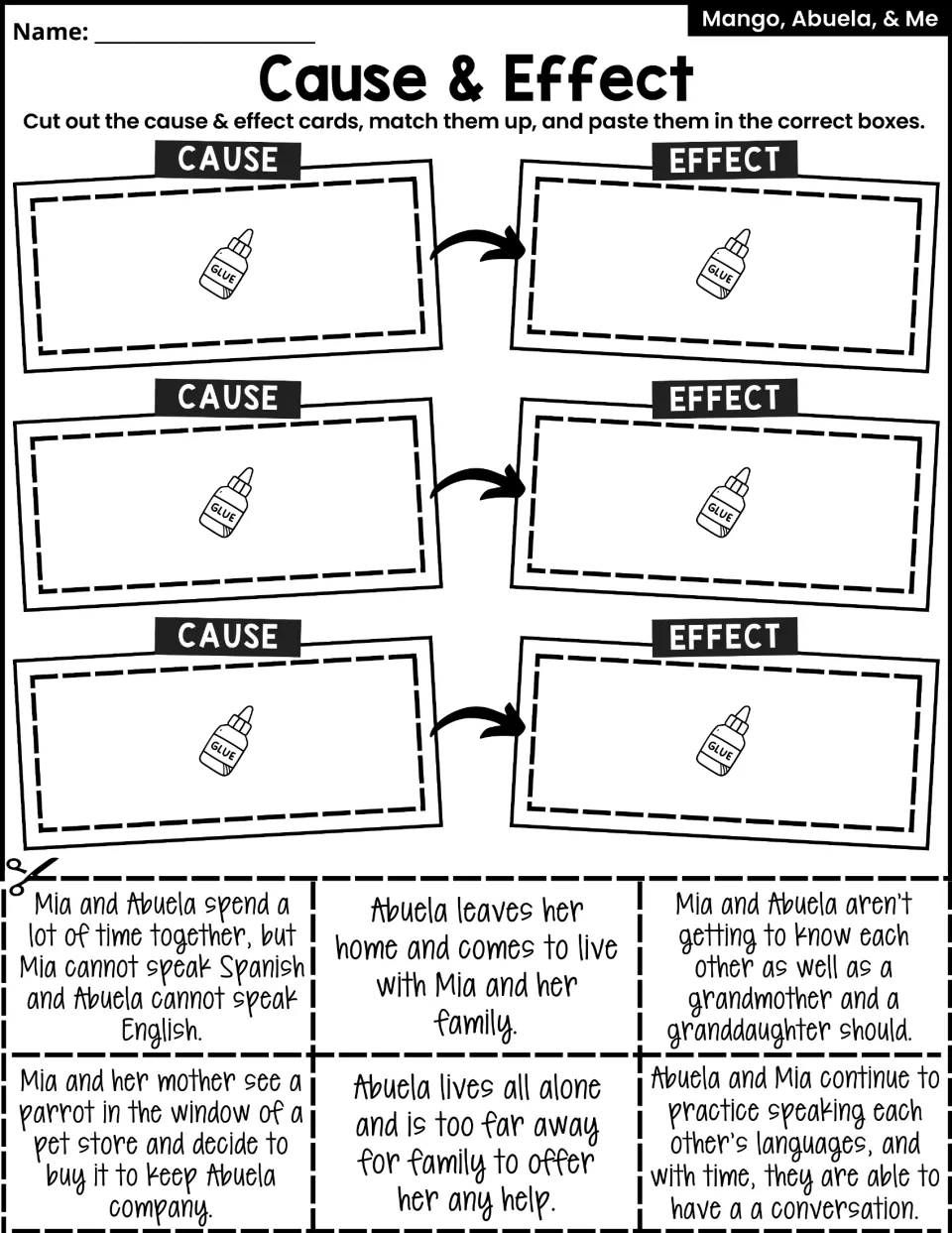 Cause-and-effect activity asks students to cut and match six cards about Abuela moving in and learning languages