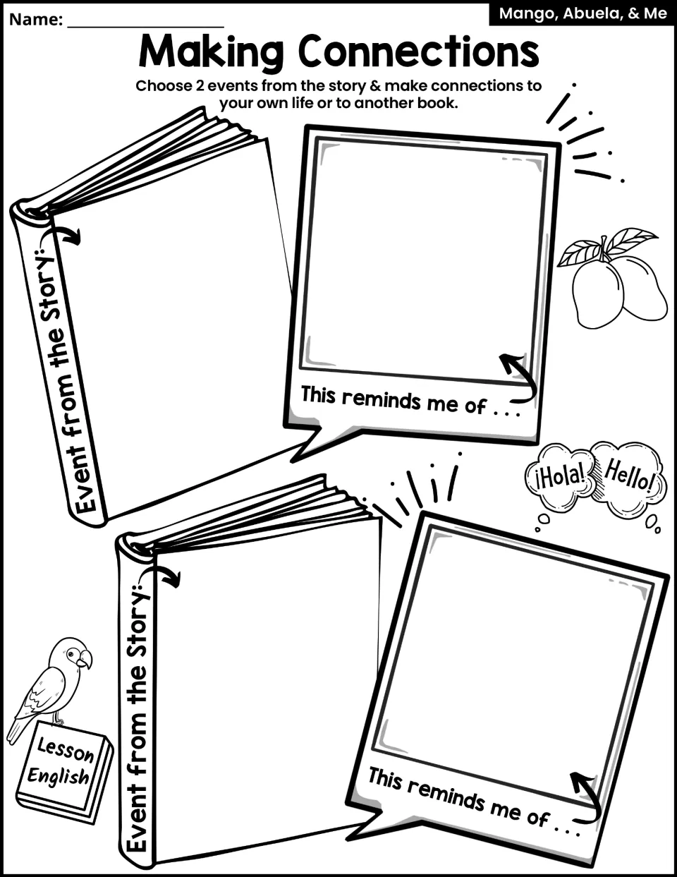 Making Connections activity asks students to connect two story events to their own lives or another book