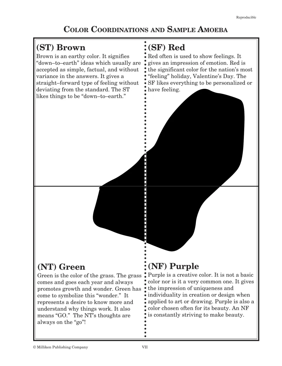 Color coordination reference assigns brown, red, green, and purple to four styles and shows a sample amoeba