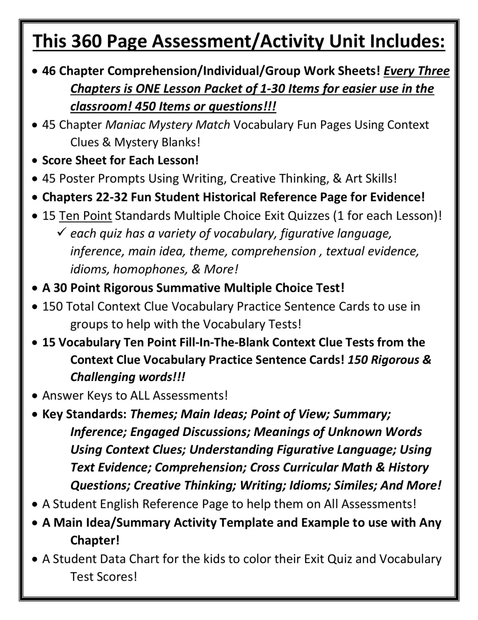 Contents list: 46 comprehension sheets, 15 exit quizzes, vocabulary tests, sentence cards, a 30-point test and answer keys