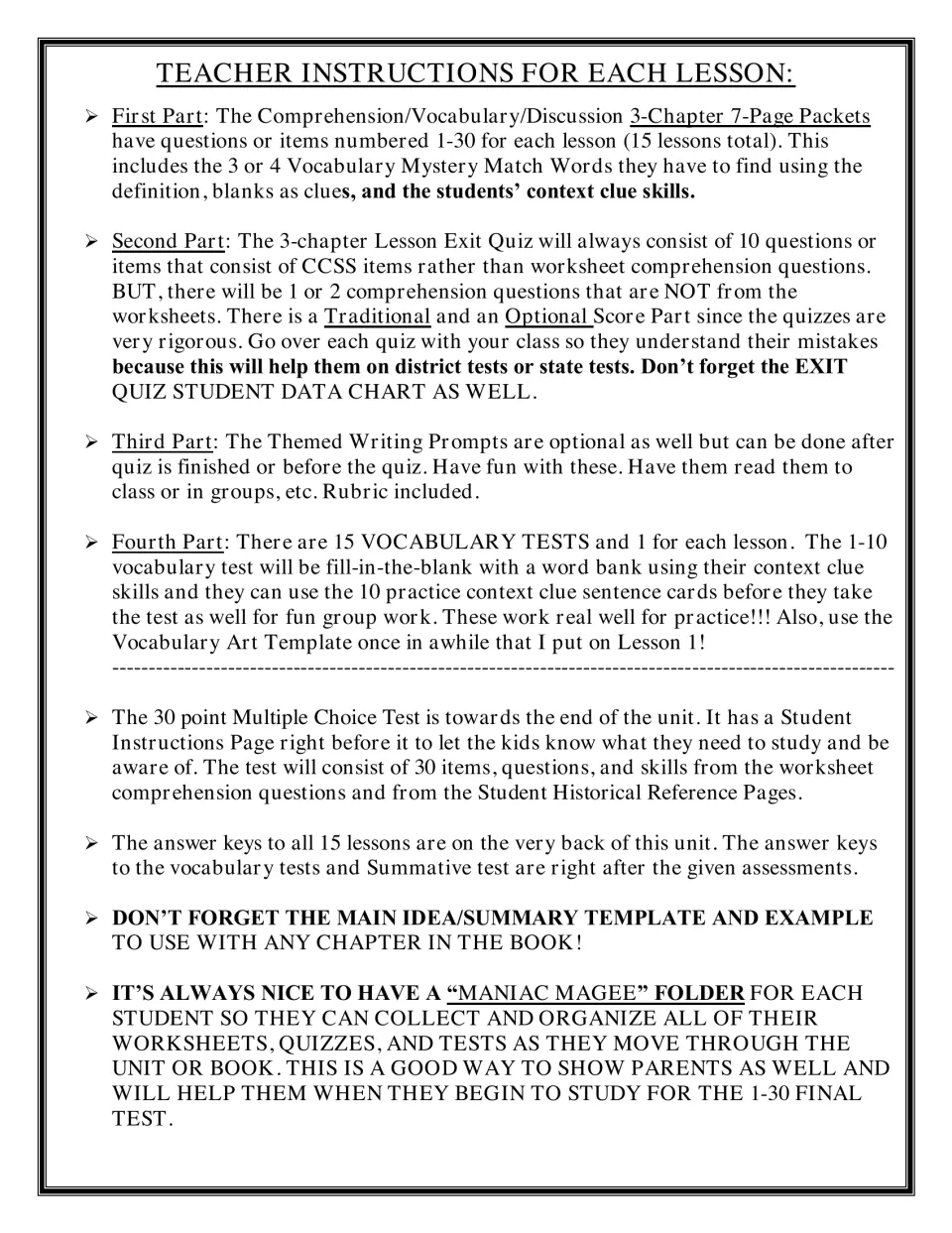 Teacher instructions for each lesson: comprehension packets, 10-item exit quizzes, writing prompts and vocabulary tests