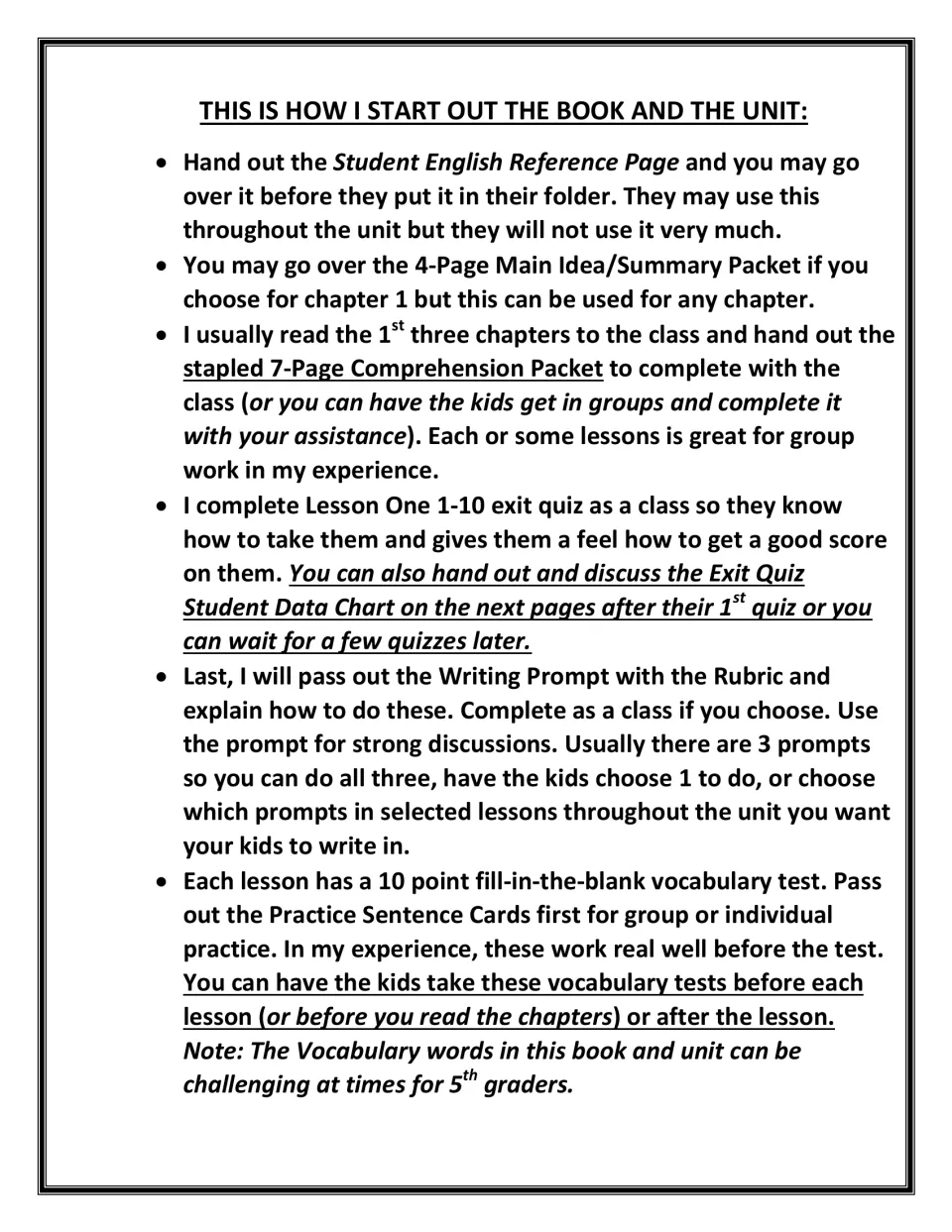 Teacher's plan for starting the unit: reading chapters 1-3 aloud, a class exit quiz, writing prompts and sentence cards