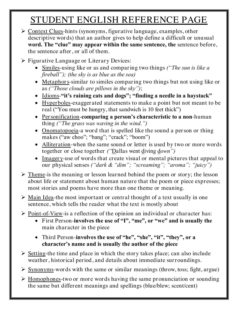 Student English reference, longer version adding alliteration and setting to figurative language and literary terms
