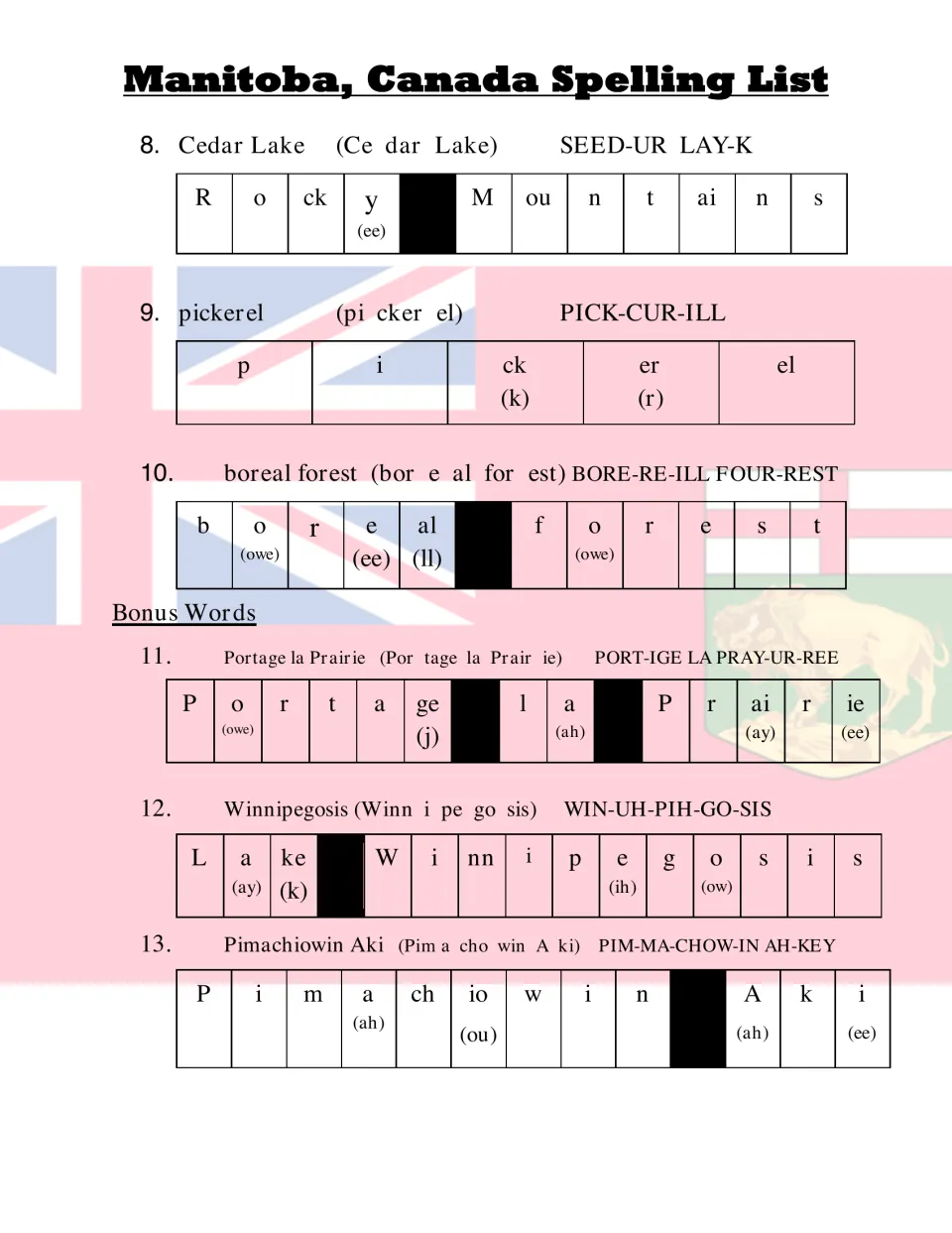 Spelling entries 8–13: Cedar Lake, pickerel, boreal forest and three bonus words, with pronunciation guides